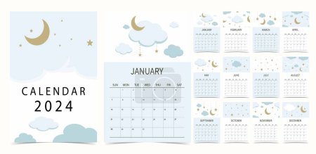 Illustration for 2024 table calendar week start on Sunday with moon that use for vertical digital and printable A4 A5 size - Royalty Free Image