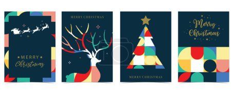 Téléchargez les illustrations : Fond géométrique de Noël avec boule, arbre, renne. Illustration vectorielle modifiable pour carte postale, taille a4 - en licence libre de droit