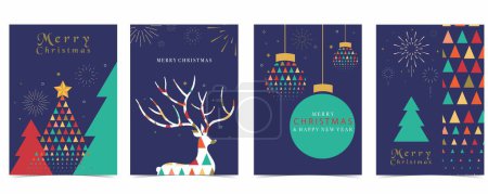 Weihnachten geometrischer Hintergrund mit Weihnachtsbaum, Rentier.Editierbare Vektorillustration für Postkarte, Größe A4