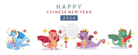 Ilustración de Bandera de Año Nuevo chino lindo con linterna, ilustración del vector dragon.Editable para el diseño del cabrito - Imagen libre de derechos