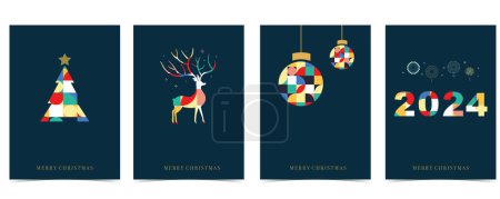 Téléchargez les illustrations : Fond géométrique de Noël avec boule, arbre, renne. Illustration vectorielle modifiable pour carte postale, taille a4 - en licence libre de droit