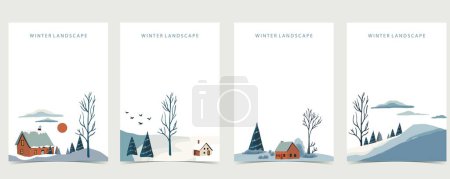 Téléchargez les illustrations : Paysage d'hiver fond avec montagne, arbre.Illustration vectorielle modifiable pour carte postale, taille verticale a4 - en licence libre de droit