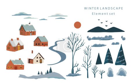 Ilustración de Objeto paisaje de invierno con montaña, árbol. Ilustración vectorial editable para postal, pegatina, decoración, icono - Imagen libre de derechos