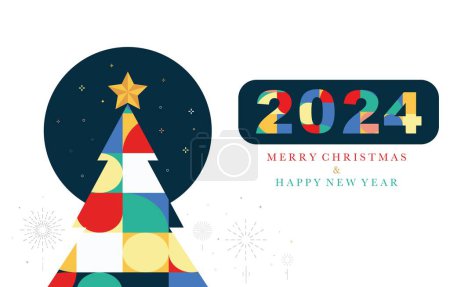 Illustration for Christmas geometric banner background with christmas tree,reindeer.Editable vector illustration for postcard,horizontal size - Royalty Free Image