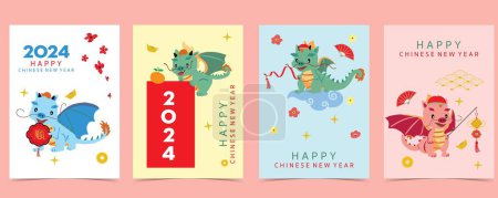 Ilustración de Lindo año nuevo chino fondo con linterna, dragon.Editable ilustración del vector para la tarjeta postal del cabrito, tamaño a4 - Imagen libre de derechos