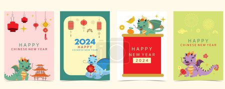 Téléchargez les illustrations : Mignon Nouvel An chinois fond avec lanterne, dragon.Editable illustration vectorielle pour carte postale enfant, taille a4 - en licence libre de droit