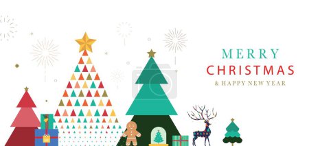 Illustration for Christmas geometric banner background with christmas tree,reindeer.Editable vector illustration for postcard,horizontal size - Royalty Free Image