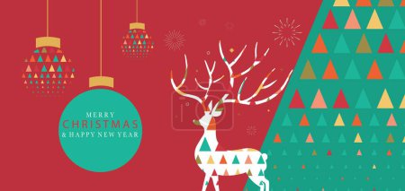Téléchargez les illustrations : Fond de bannière géométrique de Noël avec arbre de Noël, renne. Illustration vectorielle modifiable pour carte postale, taille horizontale - en licence libre de droit