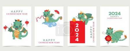 Téléchargez les illustrations : Mignon Nouvel An chinois fond avec lanterne, dragon.Editable illustration vectorielle pour carte postale enfant, taille a4 - en licence libre de droit