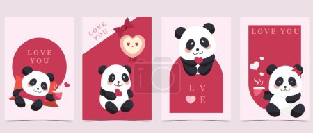 Téléchargez les illustrations : Mignon ensemble de fond de panda avec coeur pour la Saint-Valentin .illustration vecteur pour carte postale - en licence libre de droit