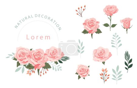Ilustración de Rosa rosa elemento de objeto conjunto con el vector leaf.illustration para postal, pegatina - Imagen libre de derechos