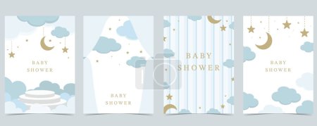 Téléchargez les illustrations : Carte d'invitation de douche de bébé pour garçon avec ballon, nuage, ciel, bleu - en licence libre de droit