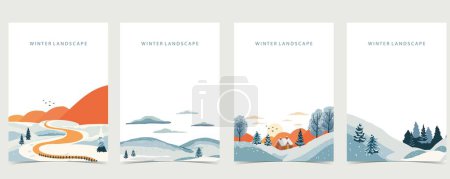 Ilustración de Fondo paisaje de invierno con montaña, árbol. Ilustración vectorial editable para postal, a4 tamaño vertical - Imagen libre de derechos