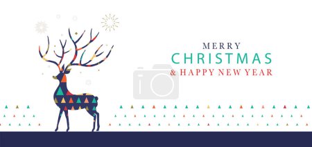 Téléchargez les illustrations : Fond géométrique de Noël 2024 avec arbre de Noël, renne. Illustration vectorielle modifiable pour carte postale horizontale - en licence libre de droit