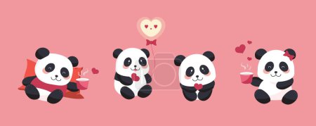 Téléchargez les illustrations : Mignon panda ensemble d'objets avec coeur pour la Saint-Valentin .illustration vecteur pour carte postale, icône, autocollant - en licence libre de droit