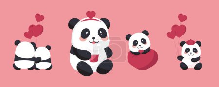 Ilustración de Lindo objeto panda conjunto con el corazón para el día de San Valentín vector de ilustración para postal, icono, pegatina - Imagen libre de derechos