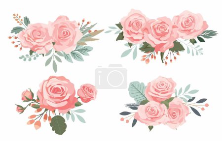 Illustration for Pink rose object element set with leaf.illustration vector for postcard,sticker - Royalty Free Image