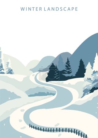 Ilustración de Fondo paisaje de invierno con montaña, árbol. Ilustración vectorial editable para postal, a4 tamaño vertical - Imagen libre de derechos