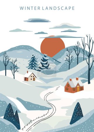 Téléchargez les illustrations : Paysage d'hiver fond avec montagne, arbre.Illustration vectorielle modifiable pour carte postale, taille verticale a4 - en licence libre de droit
