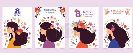 Téléchargez les illustrations : Journée internationale des femmes avec utilisation de fleurs pour la conception verticale de la carte a4 - en licence libre de droit