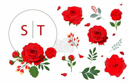 Illustration for Red rose object with leaf illustration vector for postcard invitation - Royalty Free Image