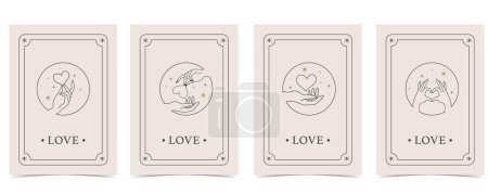 Téléchargez les illustrations : Tarot carte boho pour a4 conception d'illustration verticale avec la main et le cœur - en licence libre de droit