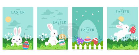 Illustration for Collection of easter background set with rabbit and egg in garden Editable vector illustration for A4 vertical postcard - Royalty Free Image