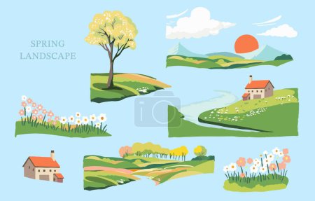 Illustration for Spring landscape element set with mountain and tree Editable vector illustration for graphic dedsign - Royalty Free Image