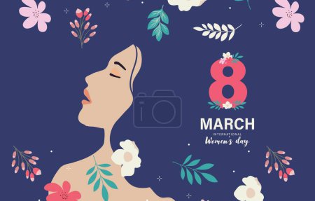 Illustration for Woman international day background with face and flower for horizontal size design - Royalty Free Image