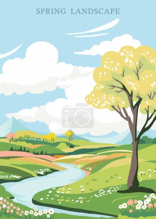 Téléchargez les illustrations : Fond paysage printanier avec montagne et arbre Illustration vectorielle modifiable pour carte postale, format vertical a4 - en licence libre de droit