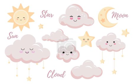 Téléchargez les illustrations : Twinkle rose objet bébé pour invitation avec nuage et étoile - en licence libre de droit