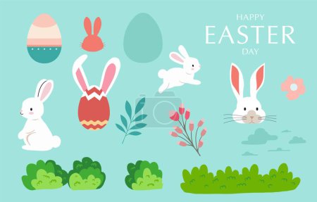 Illustration for Collection of easter object set with rabbit and egg in garden Editable vector illustration for sticker postcard - Royalty Free Image