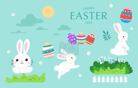 Illustration for Collection of easter object set with rabbit and egg in garden Editable vector illustration for sticker postcard - Royalty Free Image