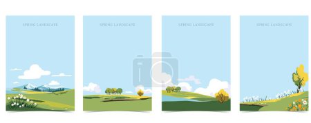 Ilustración de Fondo de paisaje de primavera con montaña y árbol Ilustración vectorial editable para postal, a4 tamaño vertical - Imagen libre de derechos