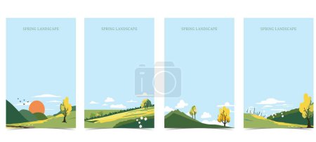 Ilustración de Fondo de paisaje de primavera con montaña y árbol Ilustración vectorial editable para postal, a4 tamaño vertical - Imagen libre de derechos