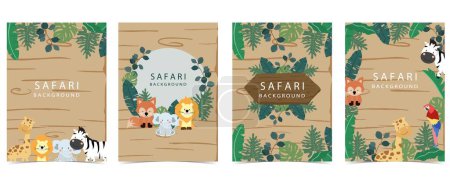 Ilustración de Banner safari con jirafa, elefante, cebra, zorro y hoja frame.vector ilustración para el diseño a4 - Imagen libre de derechos
