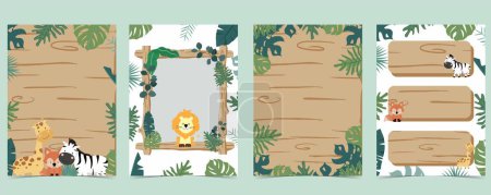 Illustration for Safari banner with giraffe,elephant,zebra,fox and leaf frame.vector illustration for a4 design - Royalty Free Image