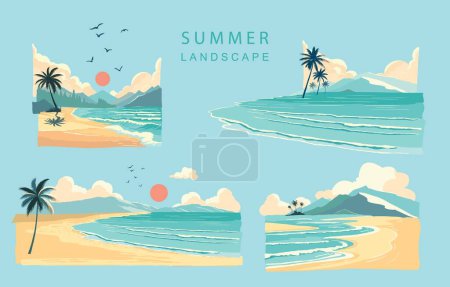 Ilustración de Elementos de playa con mar, arena, vector sky.illustration para a4 página de diseño - Imagen libre de derechos
