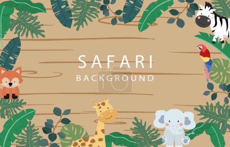 Téléchargez les illustrations : Bannière safari avec girafe, éléphant, zèbre, renard et cadre de feuille - en licence libre de droit