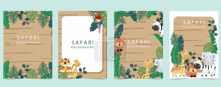 Téléchargez les illustrations : Bannière safari avec girafe, éléphant, zèbre, renard et feuille frame.vector illustration pour un design a4 - en licence libre de droit
