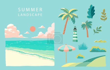 Ilustración de Elementos de playa con mar, arena, vector sky.illustration para a4 página de diseño - Imagen libre de derechos