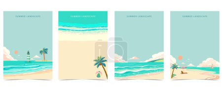Téléchargez les illustrations : Fond de plage avec mer, sable, ciel. vecteur d'illustration pour un design de page a4 - en licence libre de droit