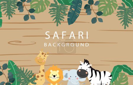 Téléchargez les illustrations : Bannière safari avec girafe, éléphant, lion, zèbre et cadre de feuille - en licence libre de droit