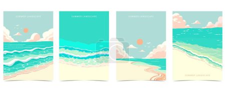 Téléchargez les illustrations : Fond de plage avec mer, sable, ciel. vecteur d'illustration pour un design de page a4 - en licence libre de droit