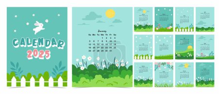 Illustration for 2025 table monthly calendar week start on Sunday with natural that use for vertical digital and printable A4 A5 size - Royalty Free Image