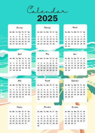 Illustration for 2025 table yearly calendar week start on Sunday with beach that use for vertical digital and printable A4 A5 size - Royalty Free Image