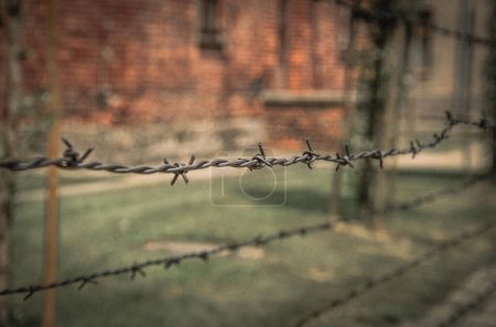 Auschwitz, Birkenau, Poland 15 August 2019: HOLOCAUST MEMORIAL BUILDING, OLD ORANGE BRICK HOUSES, BARBED WIRE AND JEWISH DYING SITE AT AUSCHWITZ, WWII, NAZIS.