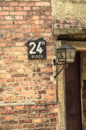 vintage brick wall with a white door. concentration camp auschwitz au au, poland