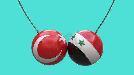 Photo for Balls on ropes in the colors of the national flags of Turkey and Syria collided against each other against a neutral background. 3D rendering. Design blank. Layout. - Royalty Free Image