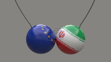 Photo for Balls on ropes in the colors of the national flags of European Union and Iran collided against each other against a neutral background. 3D rendering. Design blank. Layout. - Royalty Free Image